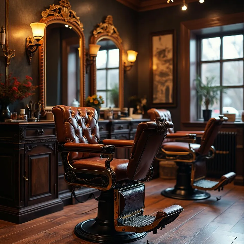 Interior elegante de barbería Élite Barber Studio con sillas vintage y decoración sofisticada