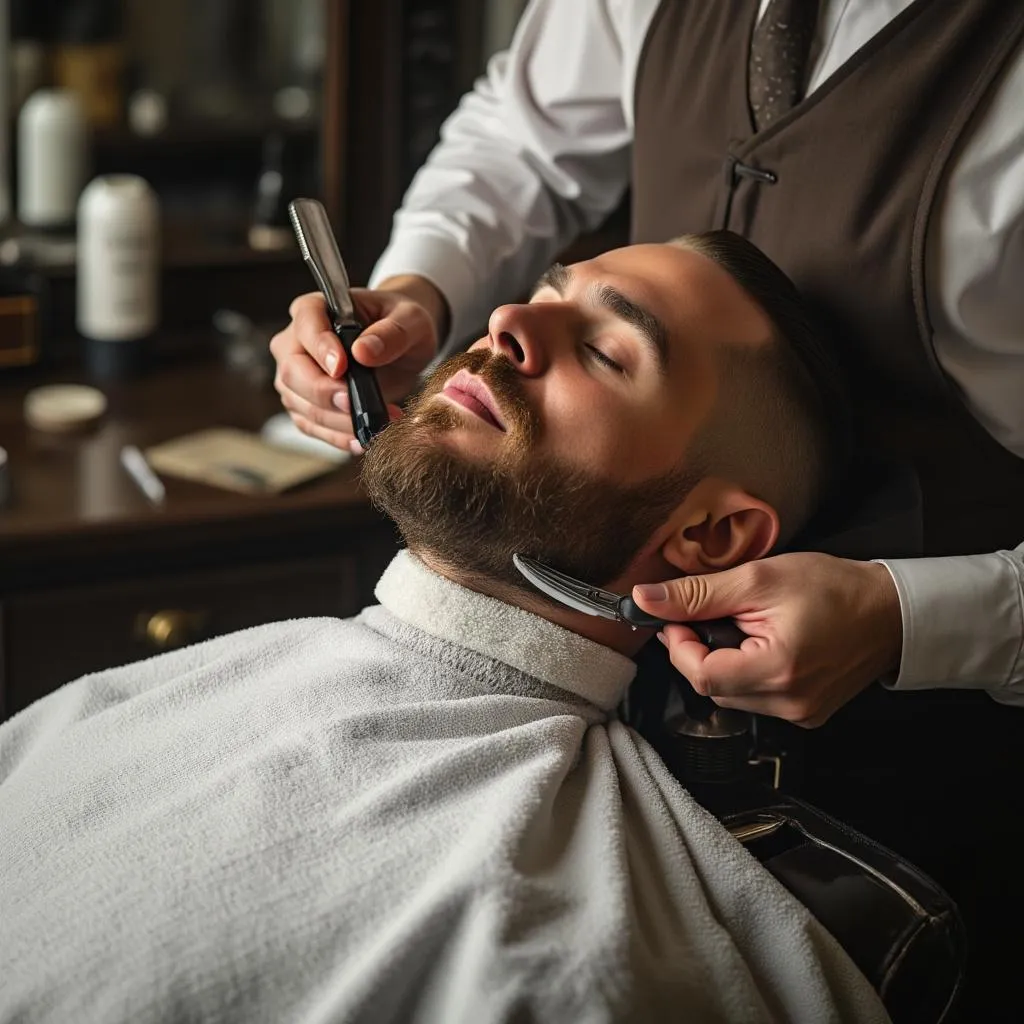 Ritual tradicional de barbería con toallas calientes